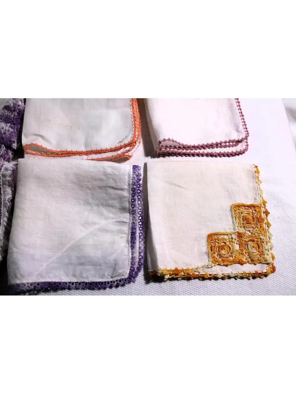 Lot of 9 Vintage Handkerchiefs With Crocheted Borders, Some Slightly Imperfect